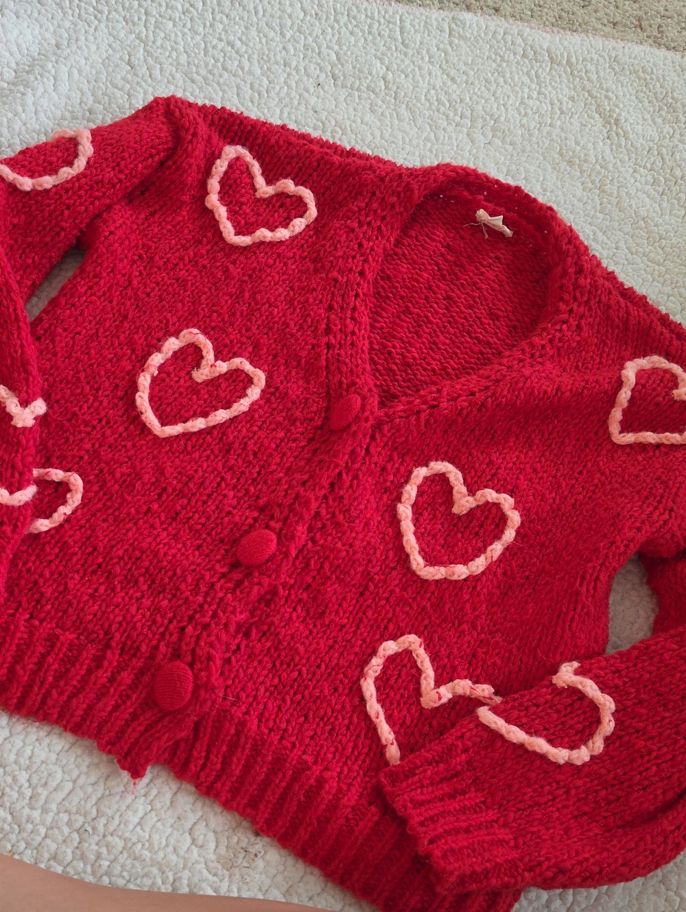BiBi Red Cardigan with Pink Heart Appliqués